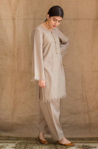 AC Official SKIN-GREY Dhanak Embroidered three piece With Dhanak Shawl