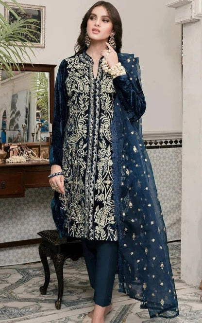 Alif Collection Royal Blue VELVET 3 PIECE Winter Designer Wear