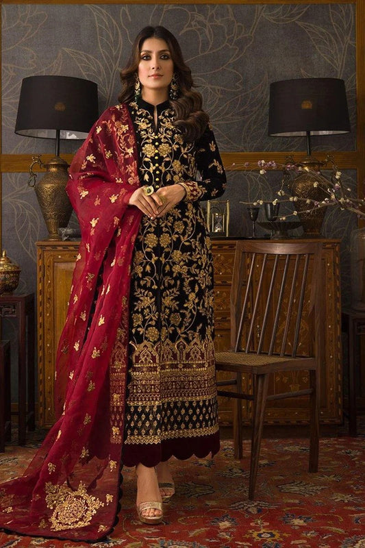 ALIF Black Color Embroidered Velvet Three piece Winter Collection