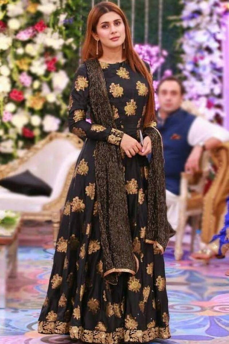 Kubra Khan Black Color Embroidered Katan Silk two piece Wedding Collection | ALIF Collection Official