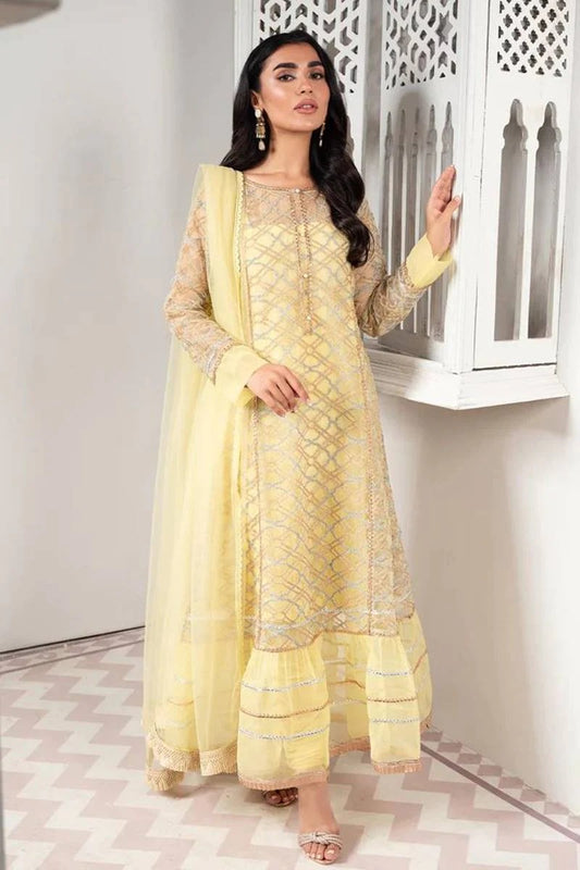 ALIF Yellow Organza Linen inner Embroidered 3 pc