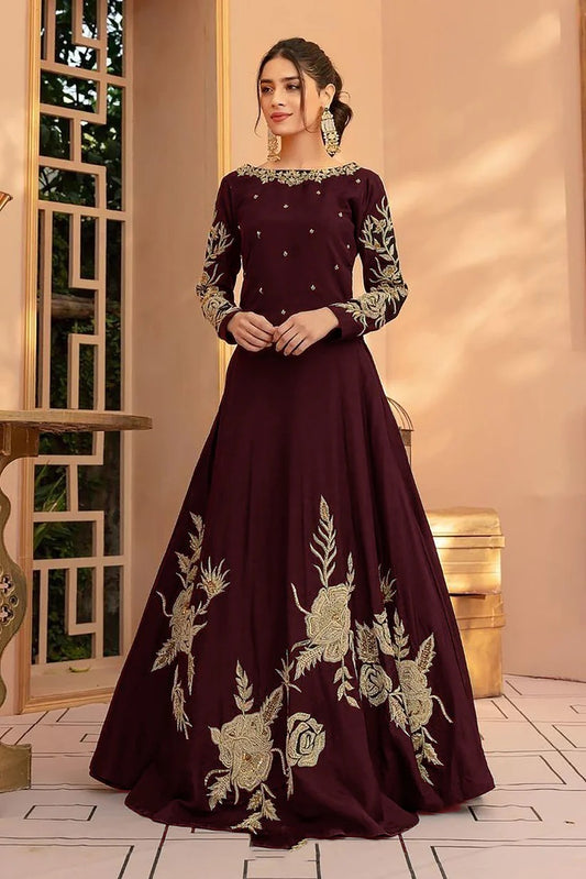 ALIF Mehroon Color Embroidered Katan Silk two piece Wedding Collection